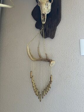 Deer Antler Bullet Casing wind chime Wall Hanging - Gold Accent. Hand made.